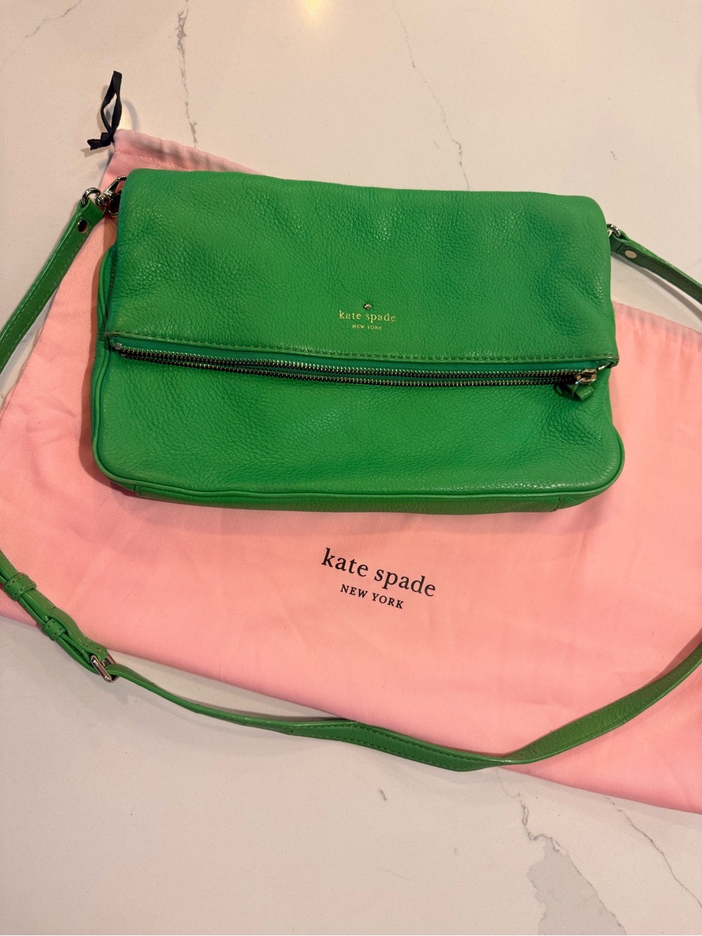 kate spade Green Pebbled Leather large Crossbody with Gold Logo